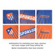 A close-up of a vibrant orange and blue polyester fabric, featuring various sublimation designs and a logo.