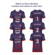A set of three navy and maroon t-shirts featuring sublimated designs, with space for names and numbers.