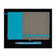 A notebook with a grey fabric cover and turquoise accents, accompanied by a matching turquoise pen.