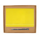 A yellow notebook with an elastic band and a silver pen are presented in a cardboard gift box.