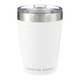 A drink bottle featuring a frosted white design with a stainless steel lid and a logo. Suitable for various beverages. A drink bottle featuring a frosted white design with a stainless steel lid and a logo. Suitable for various beverages.