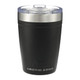 A drink tumbler in matte black with a stainless steel lid, featuring a logo on the front. A drink tumbler in matte black with a stainless steel lid, featuring a logo on the front.