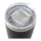 A drink bottle with a black exterior and a clear lid featuring a slot for a straw. It has a logo on the side.
