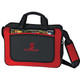 A black and red laptop briefcase with dual handles and a removable shoulder strap. It features a front pocket and a logo. A black and red laptop briefcase with dual handles and a removable shoulder strap. It features a front pocket and a logo.