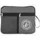 A grey multi-purpose travel bag with a zippered front pocket and a mesh section, featuring a logo.
