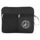 A black multi-purpose travel bag featuring a textured front and a logo, with zippered compartments and a handle.