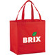 A red non-woven shopper tote bag with two handles and a logo on the front. 
