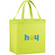 A bright lime green non-woven shopper tote bag with two handles and a logo on the front.