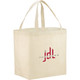 A cream non-woven shopper tote with two handles and a logo printed on the front.