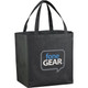 A black non-woven shopper tote bag with two handles and a logo on the front.