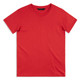 A red men's T-shirt featuring a round neckline and short sleeves. The shirt has a logo on the label.