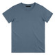 A plain blue men's t-shirt featuring a round neckline and short sleeves, with a logo on the label.
