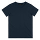 A navy men's T-shirt with a crew neck and short sleeves, featuring a logo.