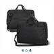 A black laptop bag with handles and a detachable shoulder strap, featuring a subtle branding logo.