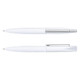 A collection of two white metal pens with silver accents and a branding logo. A collection of two white metal pens with silver accents and a branding logo.