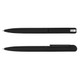 Two black metal pens with varying designs, one featuring a chrome tip and the other with a clip. Both have a logo.