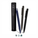 Three metal pens in navy, dark grey, and black, displayed beside a cylindrical black container.
