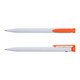 A recycled plastic pen in white with orange accents, featuring a logo on the side.