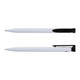 A recycled plastic pen in white with a black clip and black accents, featuring a logo on the body.