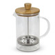 A coffee plunger with a clear glass body, metal filter, and a wooden lid. Ideal for brewing beverages.