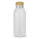 A drink bottle with a frosted white body and a wooden lid, featuring a sleek, modern design and a logo.