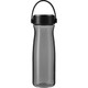 A drink bottle in a sleek black design with a transparent body and a handle, featuring a logo.