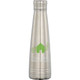 A drink bottle in silver with a sleek design and a logo, featuring a green graphic element.