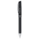 A black ballpoint pen with a metallic finish and a clip, featuring a branding logo.