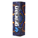 A drink bottle with a dark blue packaging featuring vibrant dot-pattern artwork and a logo. It has a rectangular shape.