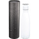 A drink bottle with a sleek white design, accompanied by a textured black container, showcasing water droplets.