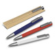 A set of three SPICE Slide Pens in red, blue, and white, featuring silver accents, displayed with a packaging sleeve. A set of three SPICE Slide Pens in red, blue, and white, featuring silver accents, displayed with a packaging sleeve.