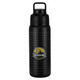 A drink bottle featuring a textured black design and a prominent logo, with a sturdy lid and handle.