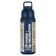 A drink bottle featuring a navy blue design with intricate patterns and a logo. It has a convenient handle.