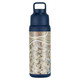 A drink bottle in navy blue featuring an intricate patterned design. It has a logo and holds 750ml.