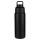A drink bottle in matte black, featuring a handle and a sleek, modern design. It includes a logo.