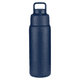 A drink bottle in navy blue, featuring a handle and a sleek, reusable design, with a logo on the surface.