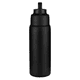 A drink bottle in matte black, featuring a lid and a logo on the body. Suitable for keeping beverages hot or cold.