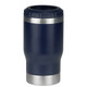 A drink bottle featuring a navy finish with a stainless steel base and a textured top, including a logo.