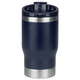 A drink bottle featuring a navy finish with a stainless steel base and a removable lid, including a logo.