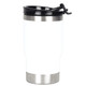 A drink bottle in white and stainless steel, featuring a black lid with a spout and a logo.