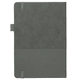 A5 notebook in grey with a textured cover and elastic closure, featuring recycled paper. It includes a logo.