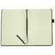 A black A5 notebook with recycled paper, featuring lined pages and a ribbon bookmark.
