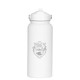 A drink bottle in white with a logo design, featuring a wide mouth and a secure lid.