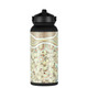 A drink bottle with a rubber coating, featuring a pattern of dots in earthy tones and a black lid.