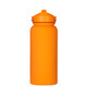 A drink bottle in vibrant orange, featuring a rubber-coated finish and a screw-top lid, with a logo on the side.