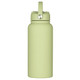 A drink bottle in soft green, featuring a rubber coating and a handle on the lid. It has a logo on the body.