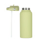 A drink bottle in matte light green with a stainless steel lid and a straw. It features a branding logo.
