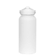 A drink bottle in white, featuring a rubber coating and a screw-on lid, with a logo visible.
