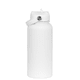 A drink bottle in white with a rubber coating and a screw cap, featuring a carrying strap and a logo.