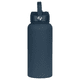 A drink bottle in navy blue with a rubber-coated finish and a metal handle. Features a branded logo.